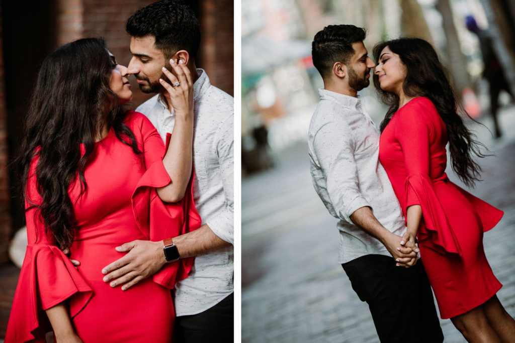woman in red dress taking engagement photos in Pioneer Square, downtown Seattle