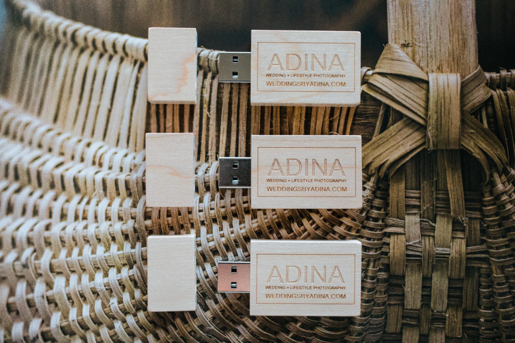 Custom wooden tower USB with Adina Preston Photography Logo and website