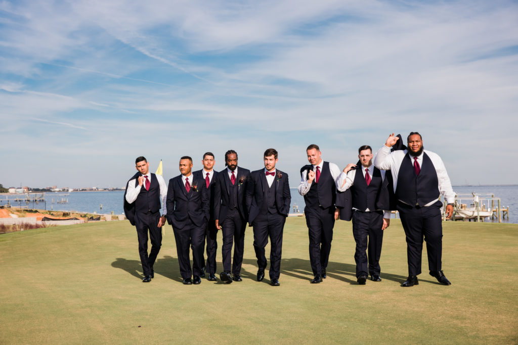 Wedding Bridal Party photos at the Pensacola Country Club with the Pensacola Bay in the background